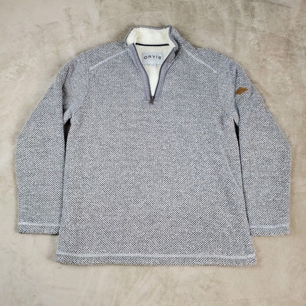 Orvis Sweater Mens Medium Gray Sherpa Lined 1/4 Zip Mock Neck Knit Pullover
